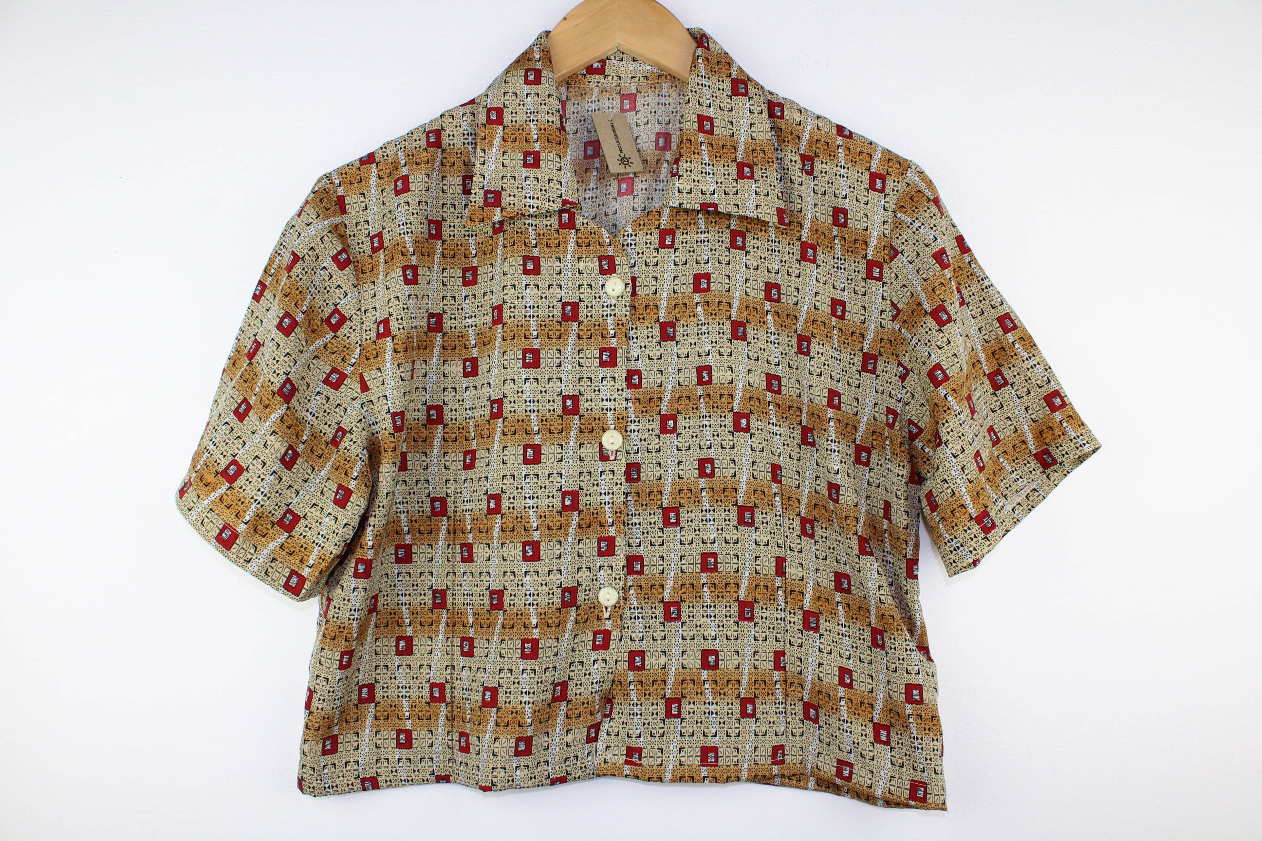 Reworked Vintage Short-Sleeve Button Up Blouse - Cropped