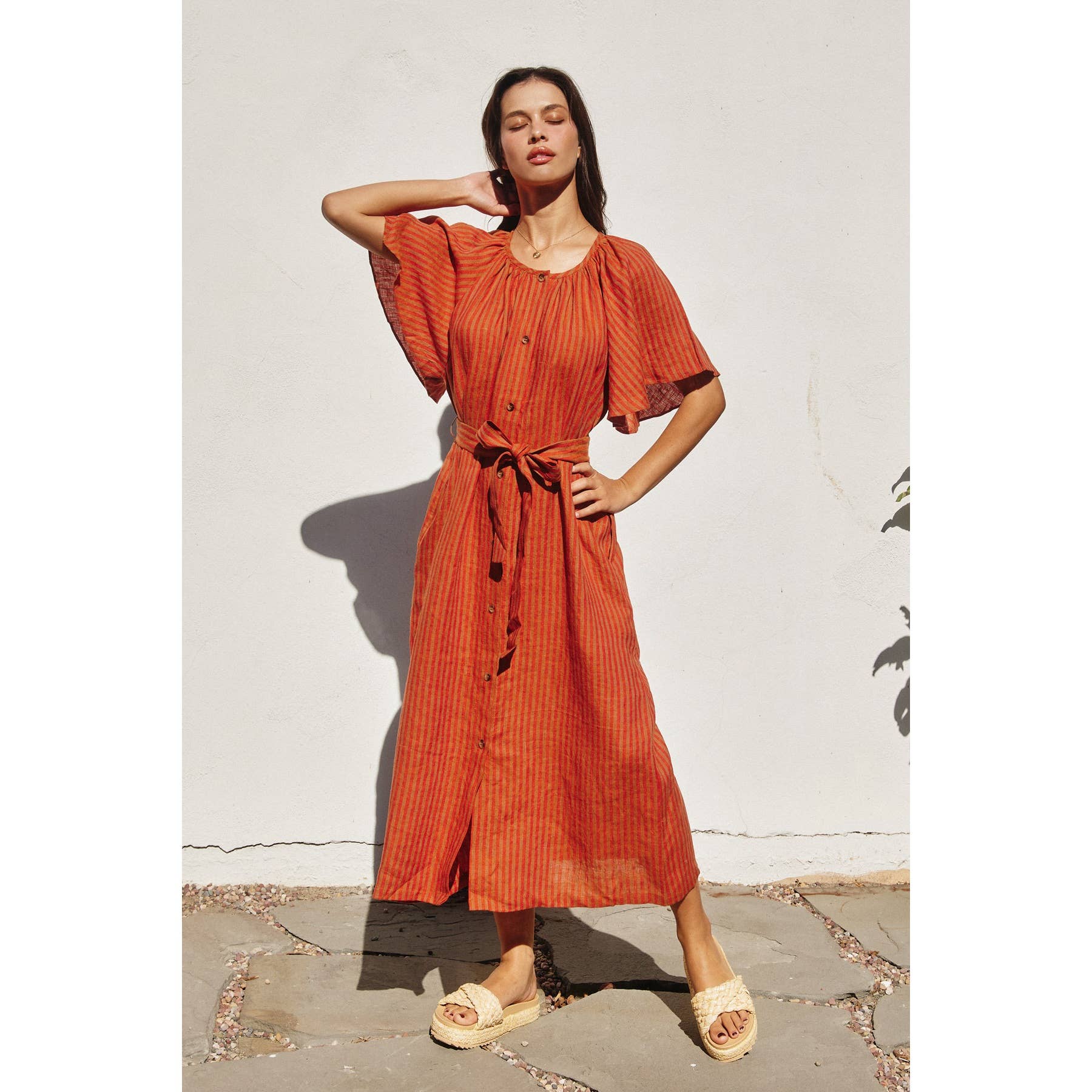 Striped Linen Gathered Neck Button Down Dress