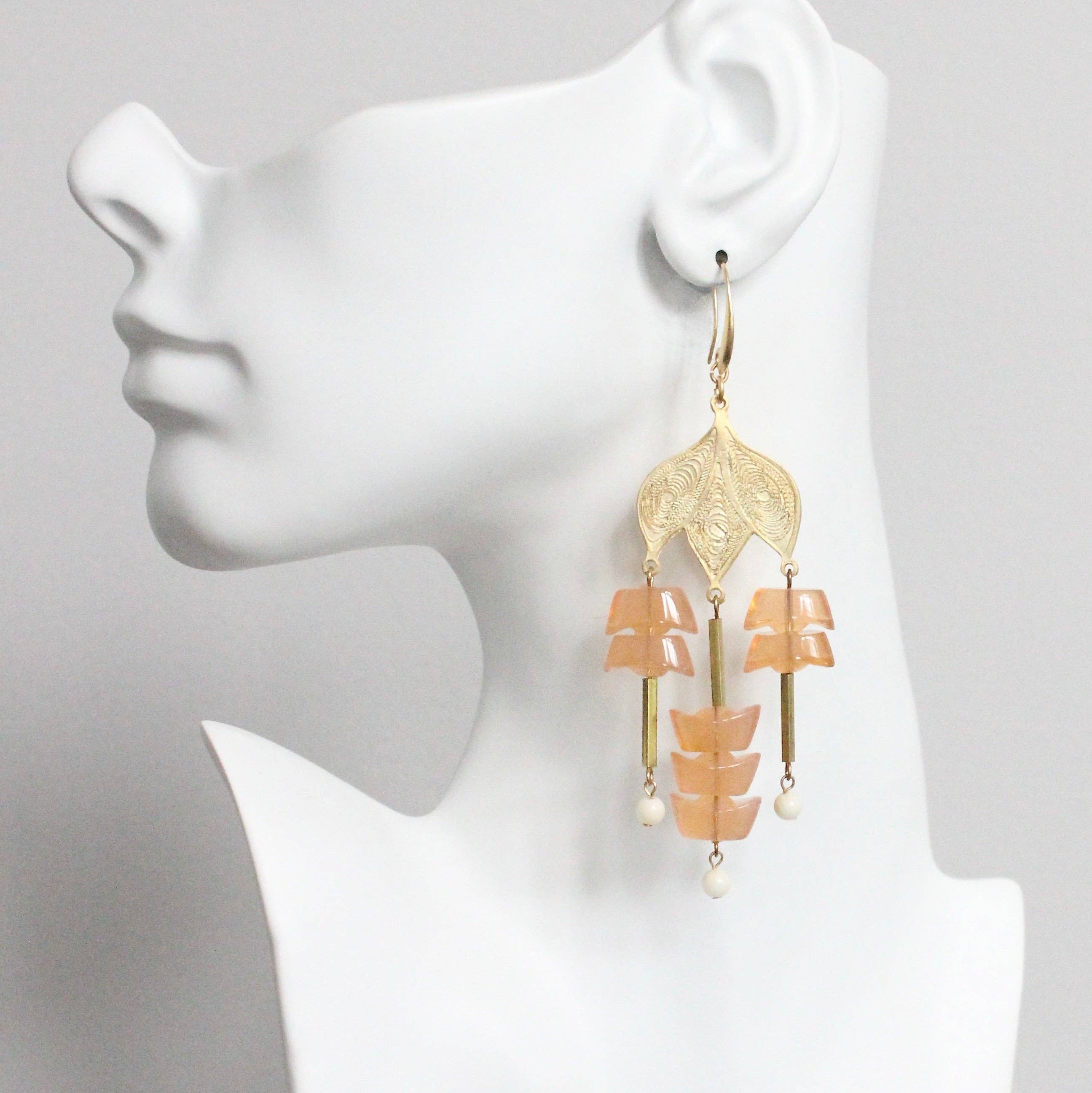 Peach glass and gold plate chandelier earrings