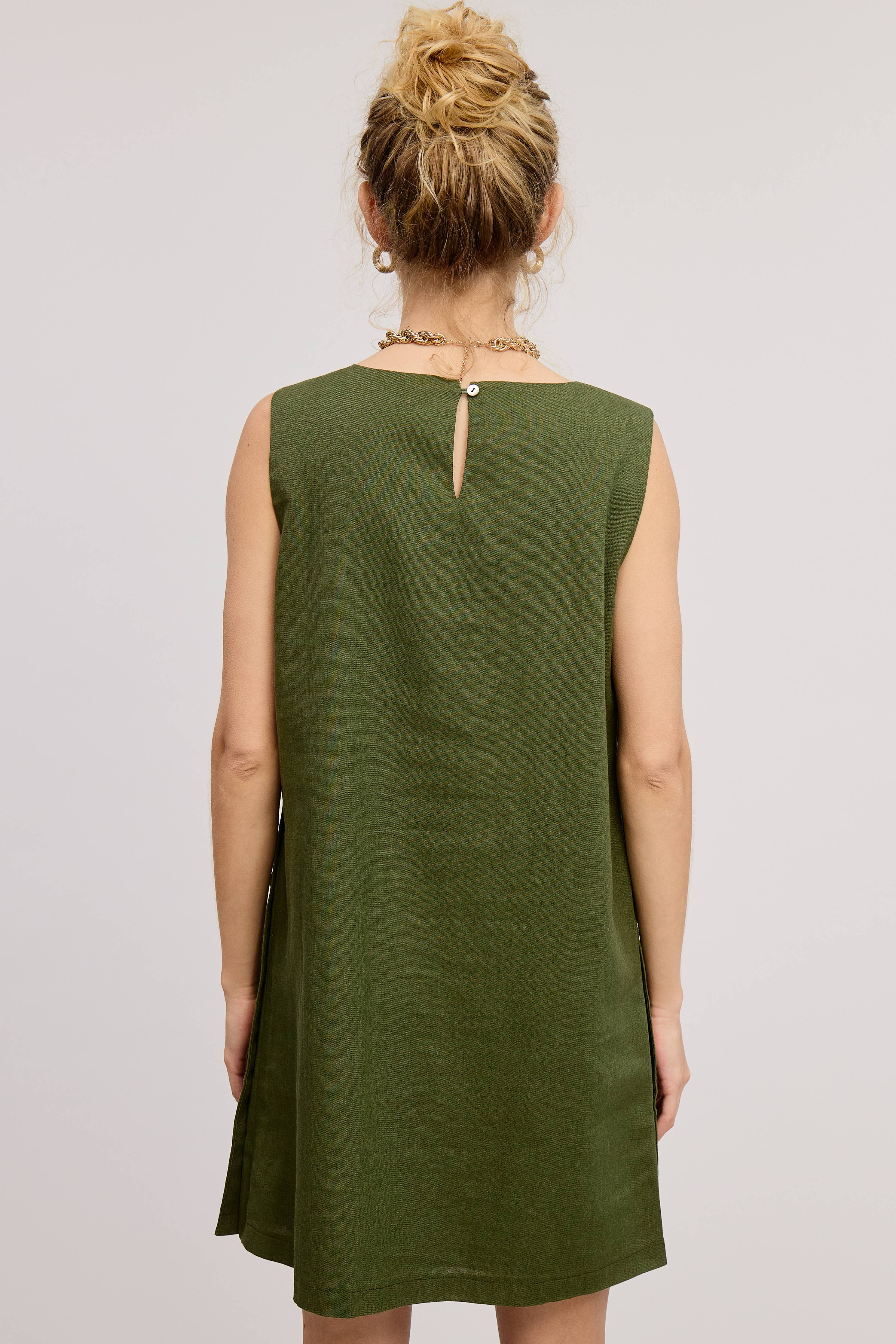 Wooden Side Button Detail Sleeveless Linen Mini Dress
