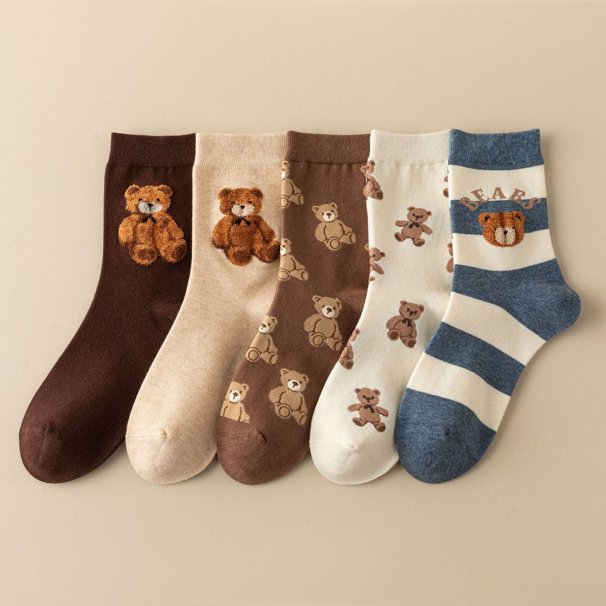 Cute Simple Brown Bear Pattern Crew Socks_CWMS0950: Beige / (OS) 3