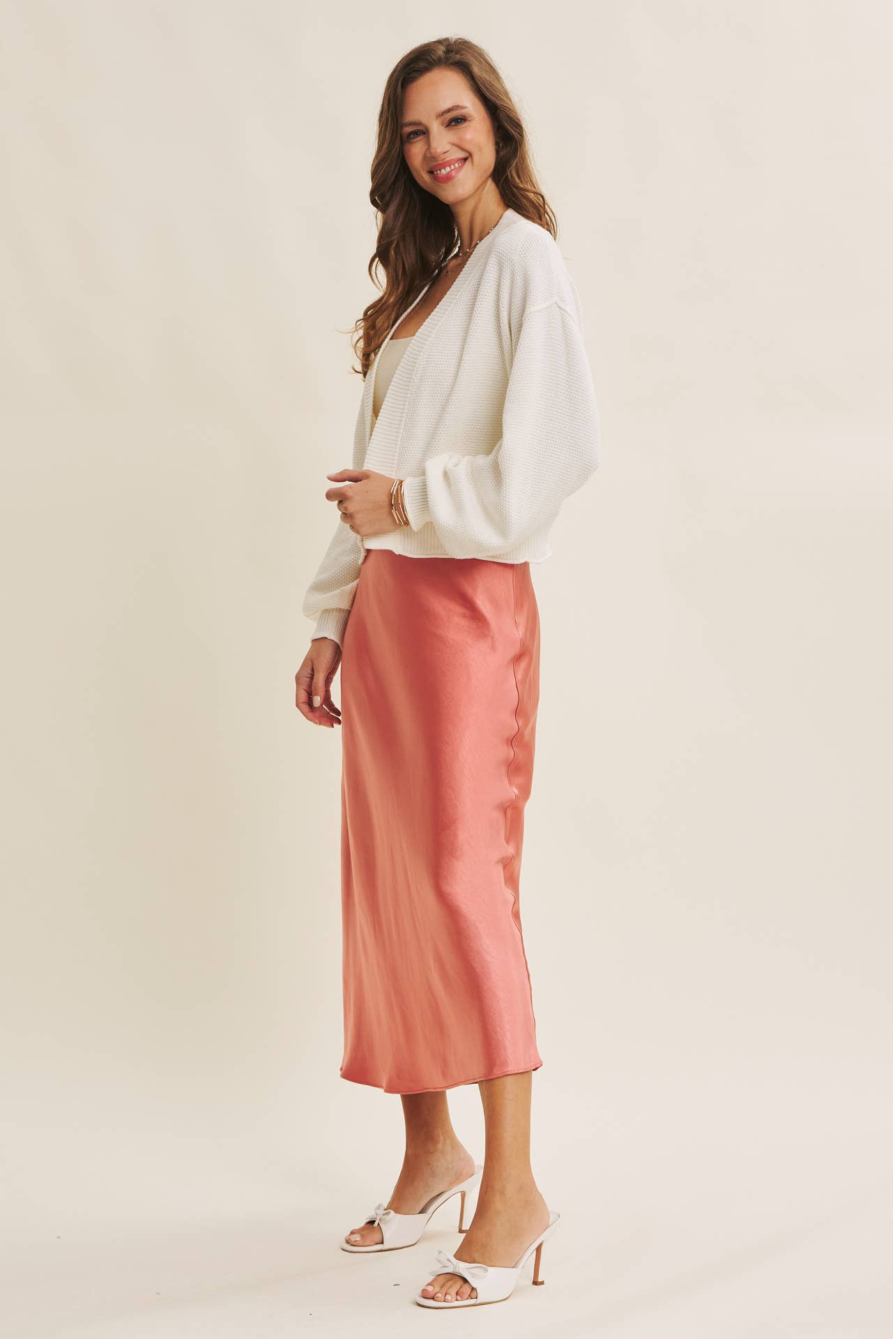 THICK SILKY SATIN BIAS CUT MAXI SKIRT: SPICED APPLE CIDER