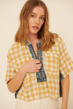 Plaid Contrast Denim Round Neck Zipper Front Top
