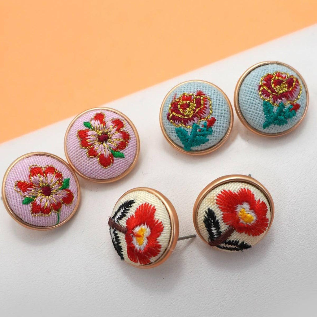 EMBROIDERY FLORAL GOLD EDGE STUD EARRINGS