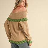 Green and Khaki Off Shoulder Sweater