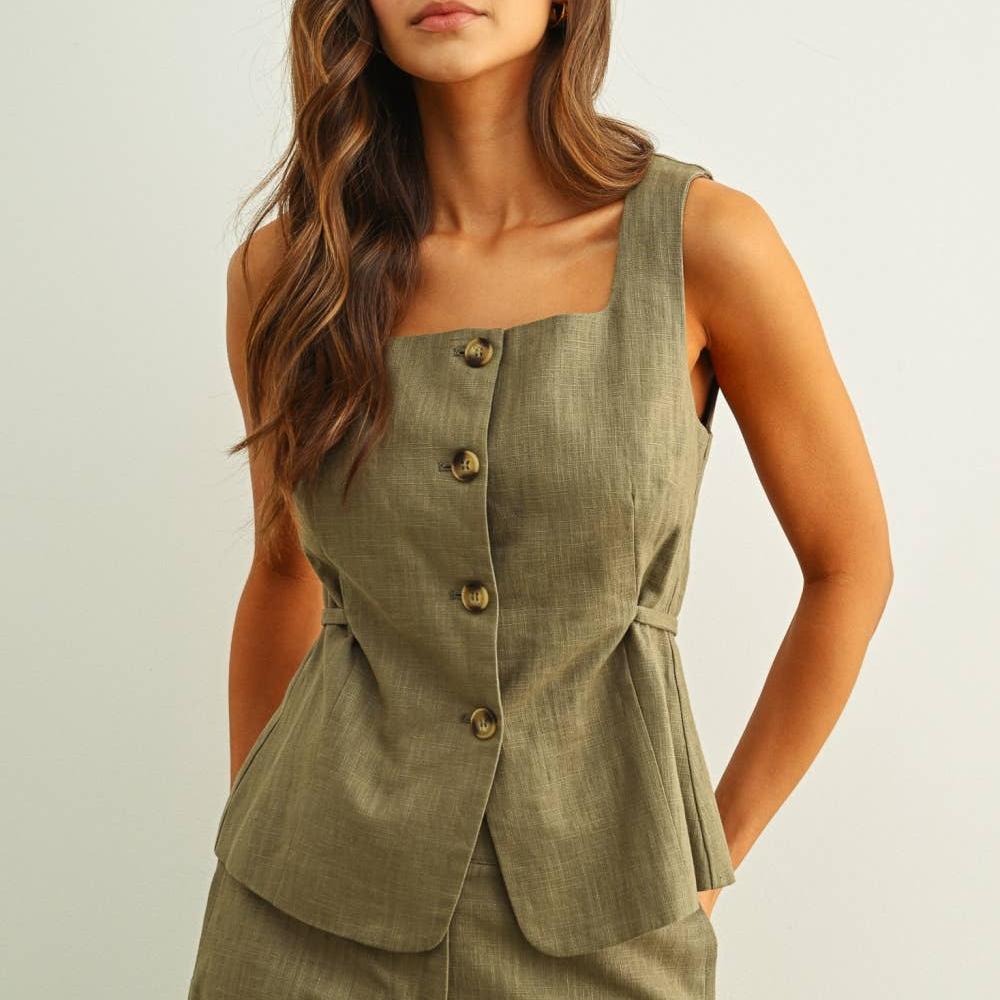 SQUARE NECK SLEEVELESS VEST WITH BUTTON FRONT