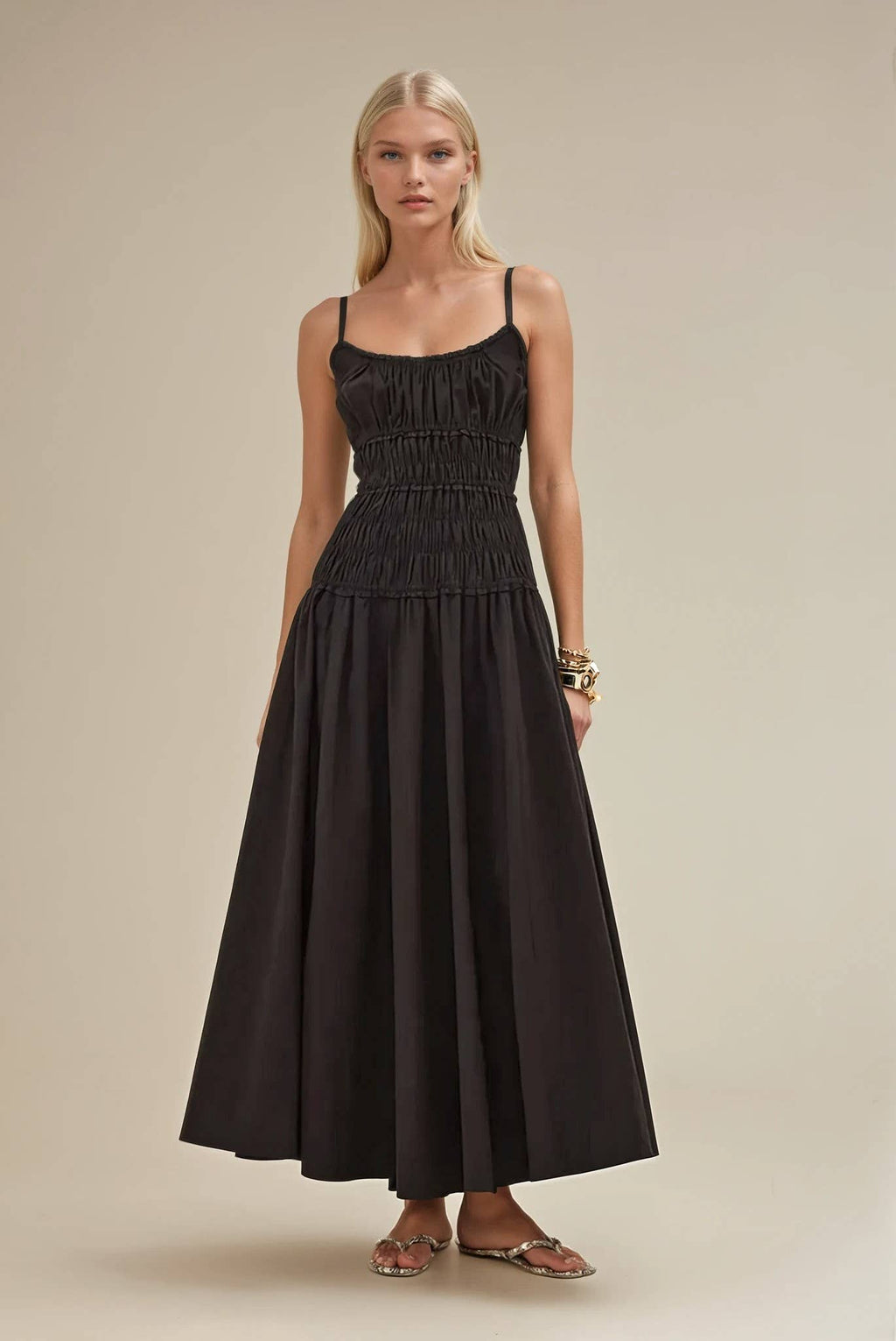 BLACK SMOCKED MAXI COTTON DRESS