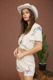 Floral Embroidery Crop Tie Blouse