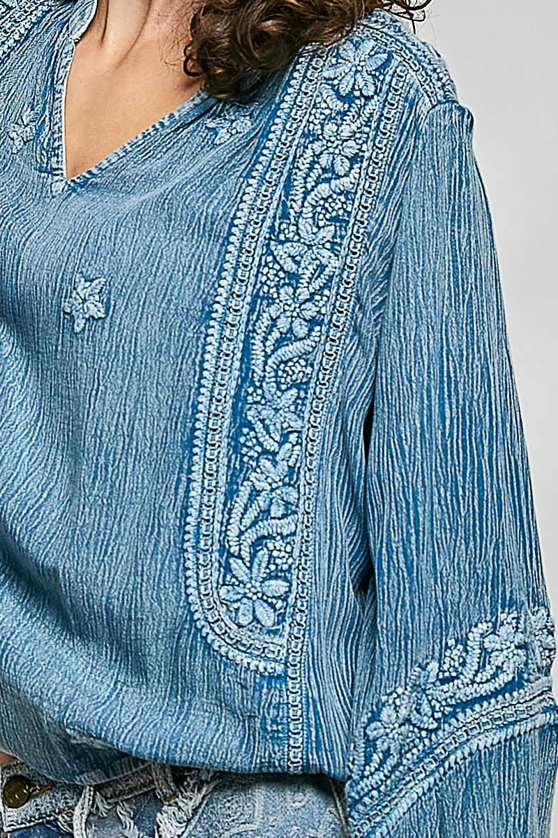 Vanessa V-neck Long Sleeve Floral Embroidered Cotton Woven Top
