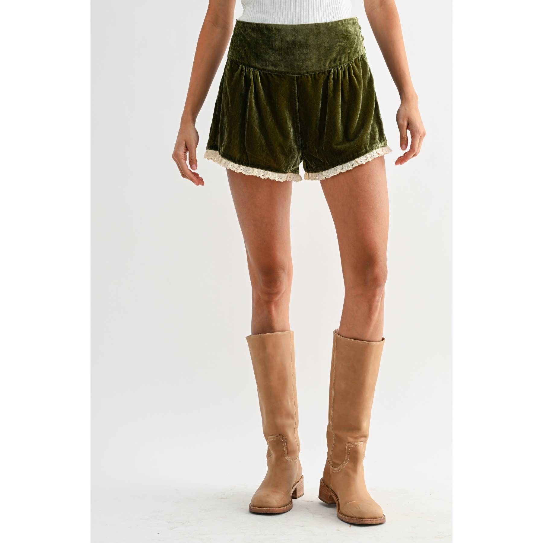 VELVET HIGH-WAIST LACE TRIM SHORTS
