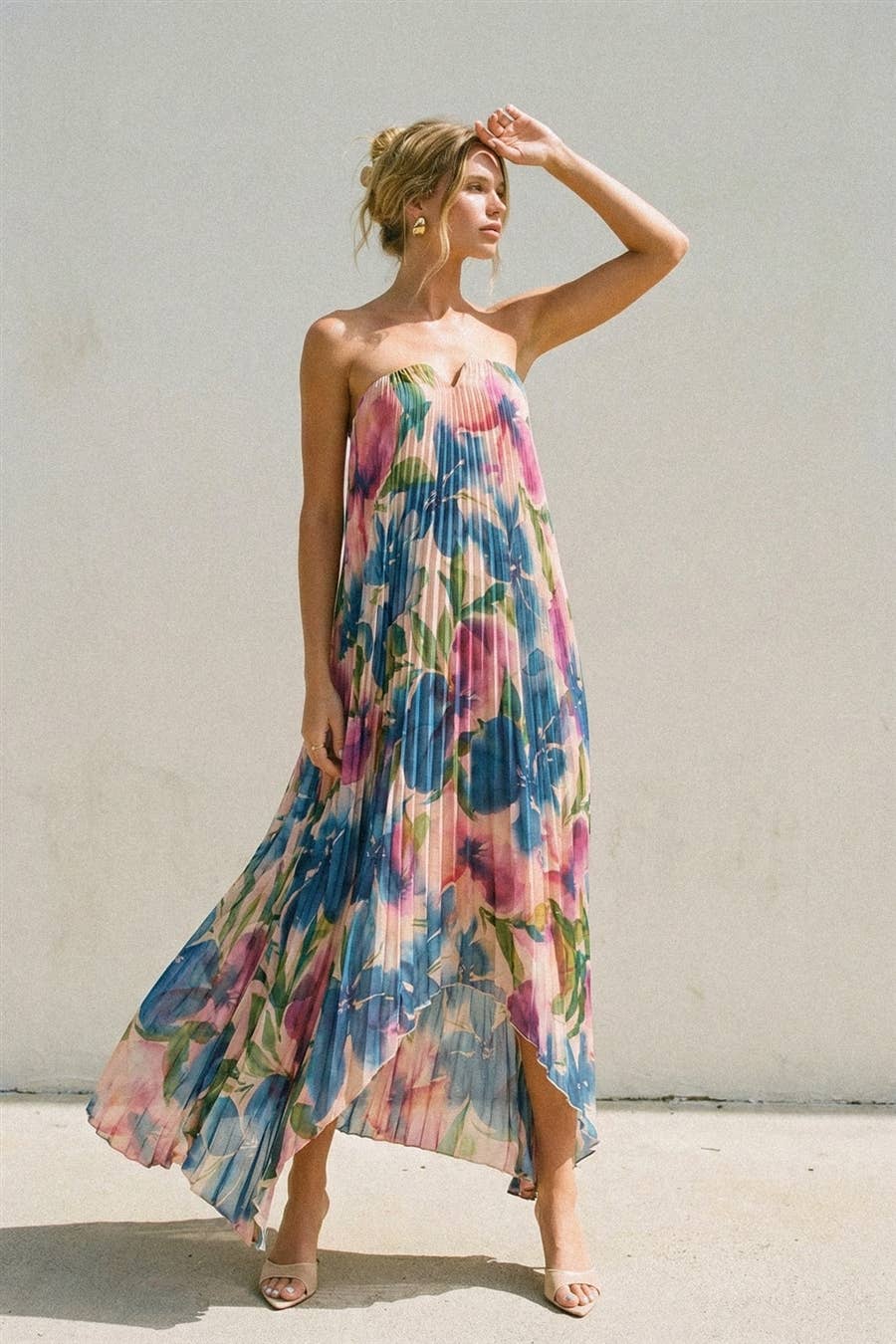 Floral Strapless Pleated Maxi Column Dress