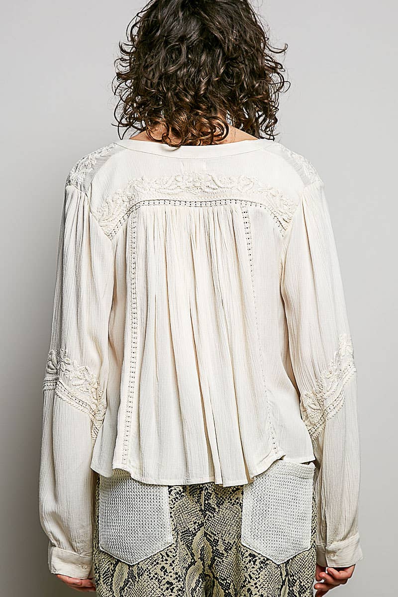 Vanessa V-neck Long Sleeve Floral Embroidered Cotton Woven Top
