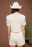 Floral Embroidery Crop Tie Blouse