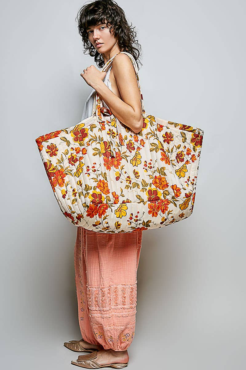 Ribbon-Tie Quilted Floral Jumbo Tote Bag