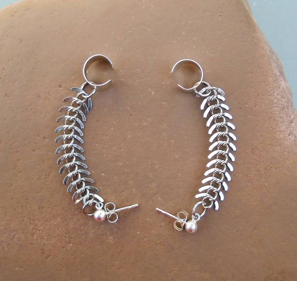 Silver Fishbone Chain Ear Cuff: Sterling Ball Post Earring