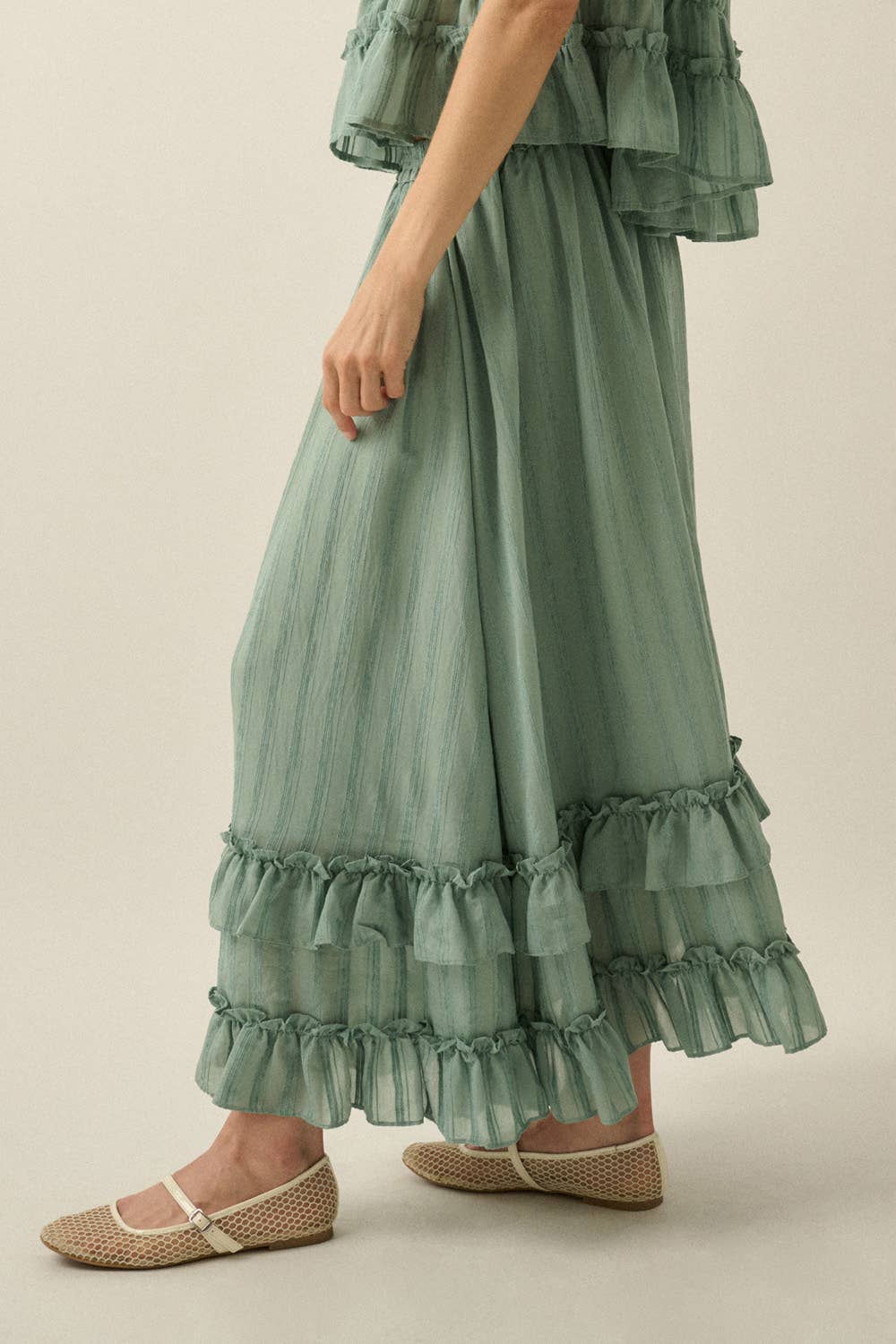 Textured Tonal-Stripe Tiered Ruffle Maxi Skirt