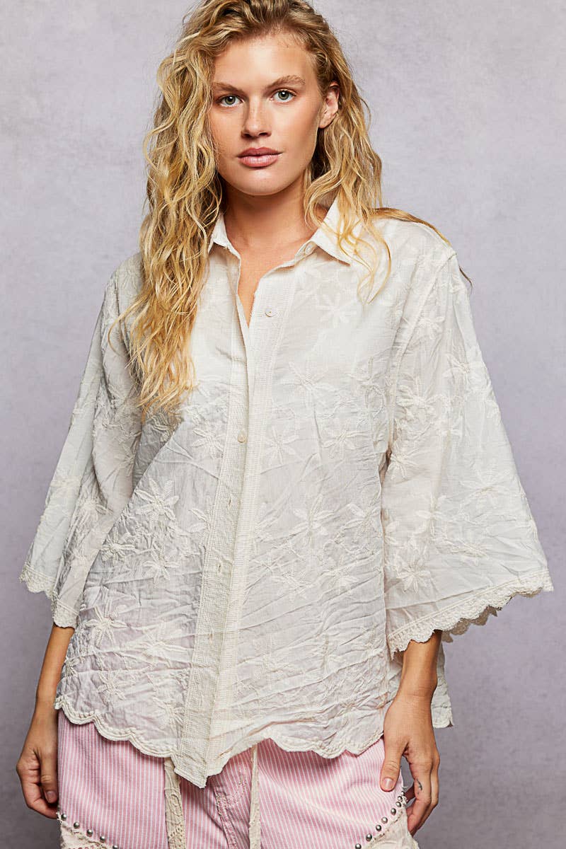Scalloped Edges Embroidered Floral Half Sleeve Shirt