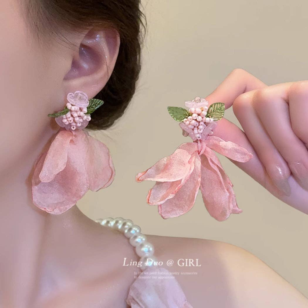 Pink Chiffon Petal Earrings – Delicate Floral Drops