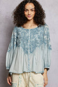 3/4 Sleeve Round Neck Vintage Washing Embroidered Shirt Top