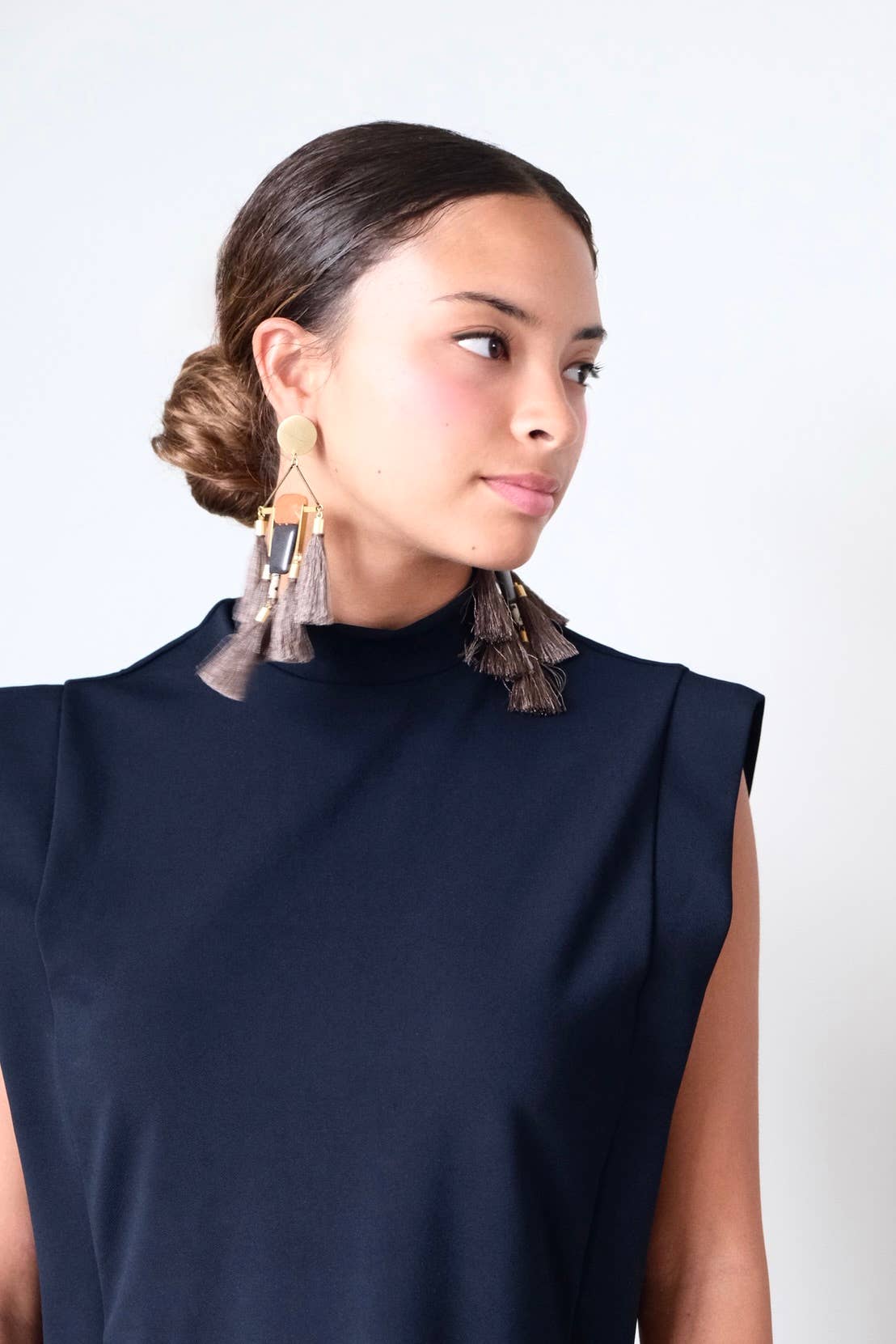 Carnelian jade and black shoulder duster tassel earrings