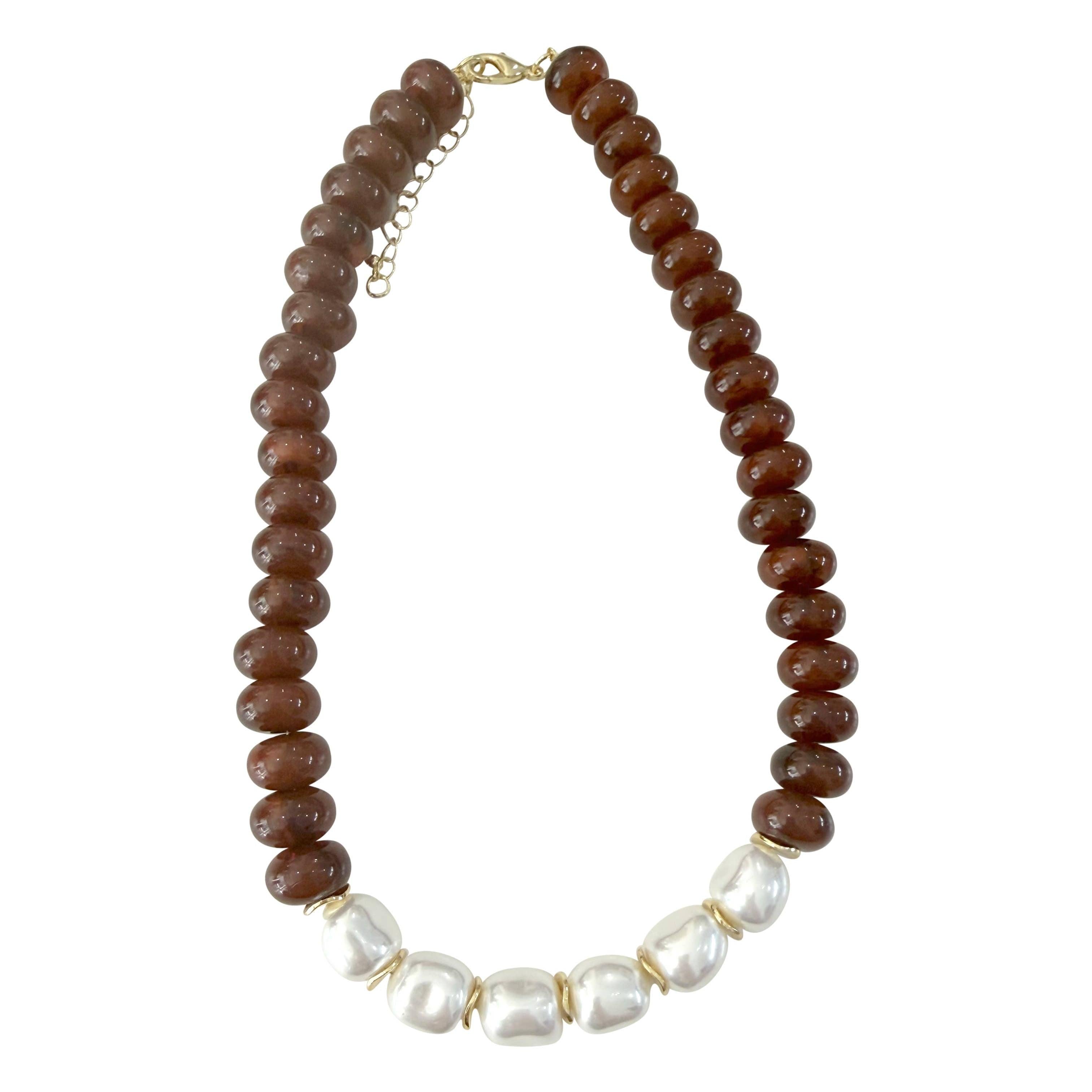 Brynlee Chunky Beaded Necklace with Pearl Accents - Brown