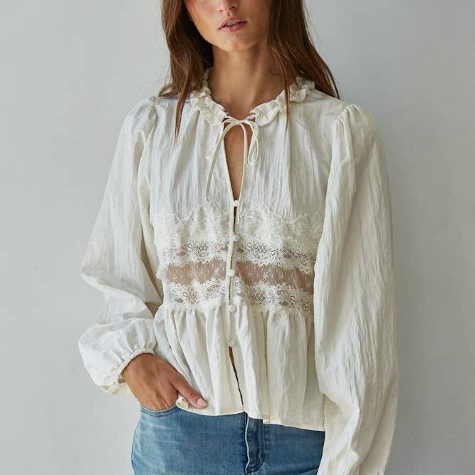 Woven Polyester Nylon Sheer Lace Detail Blouse