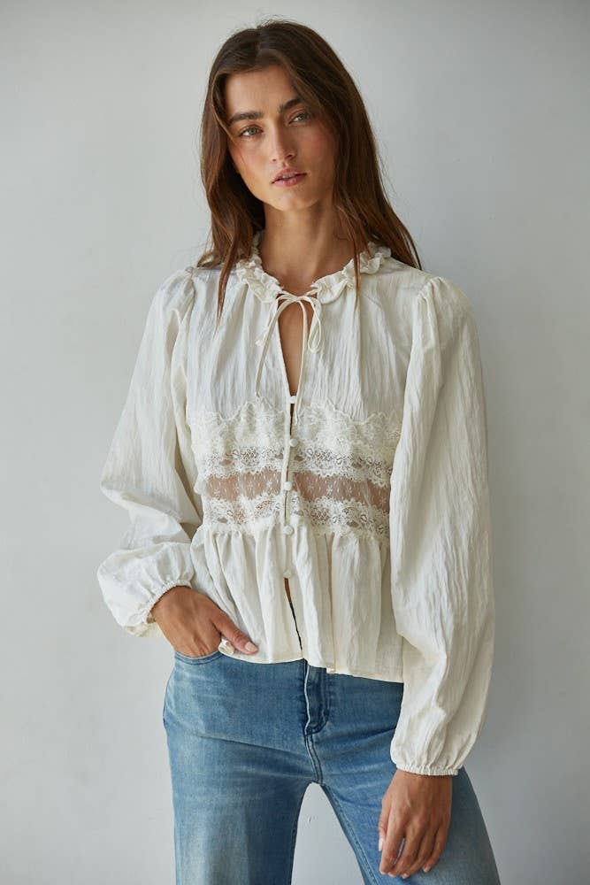 Woven Polyester Nylon Sheer Lace Detail Blouse