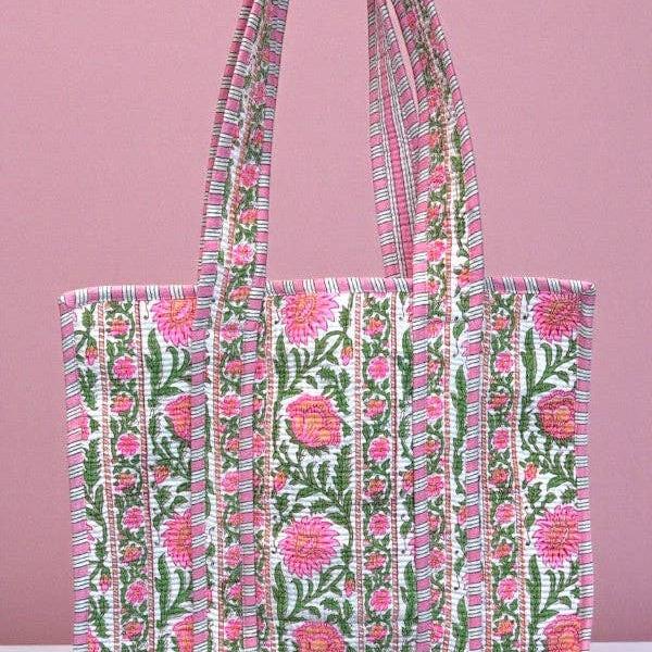 Ronan Green and Pink Floral Tote Bag