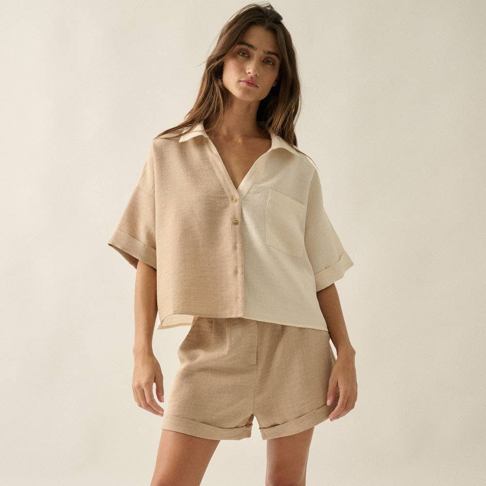 Woven Colorblock Button-Up Short-Sleeve Collared Shirt