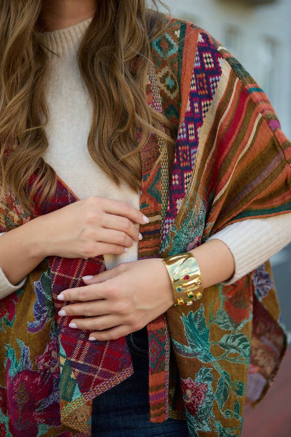 Thalia Floral Geometric Short Open Poncho