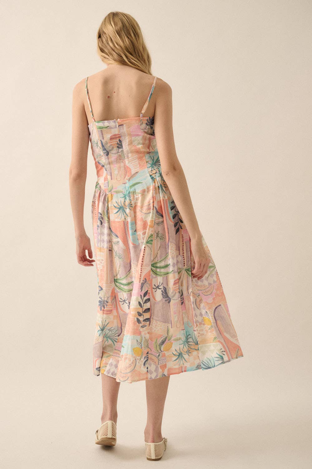 Tropical Motif-Print Twist-Front Cami Midi Dress