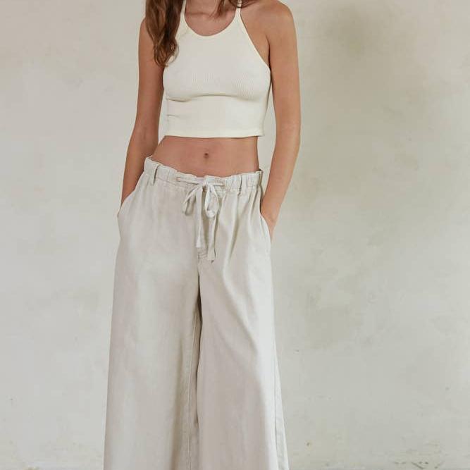 Cotton Denim Wide Leg Pants