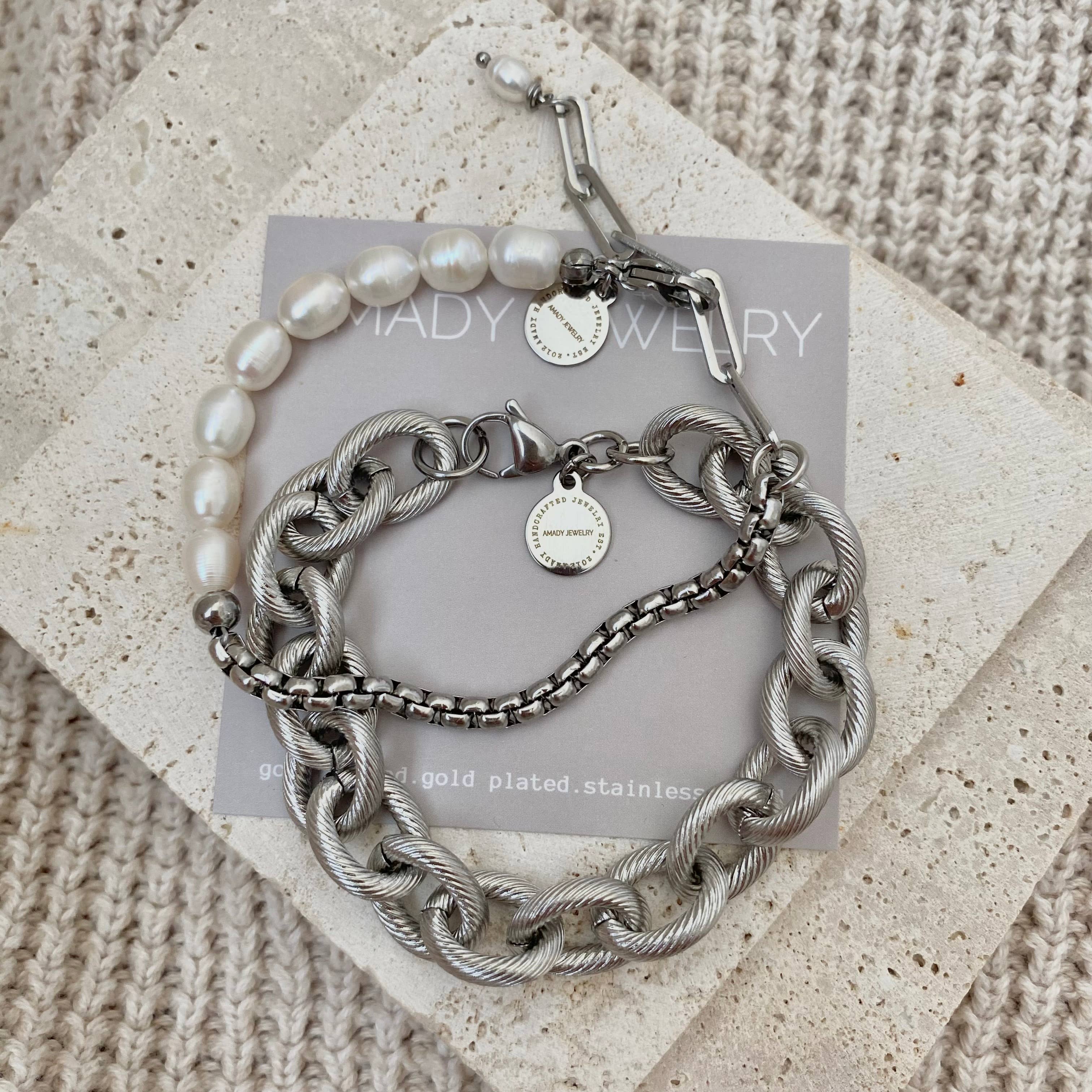 Pearls Bracelet Silver stainless steel box chain adjustable