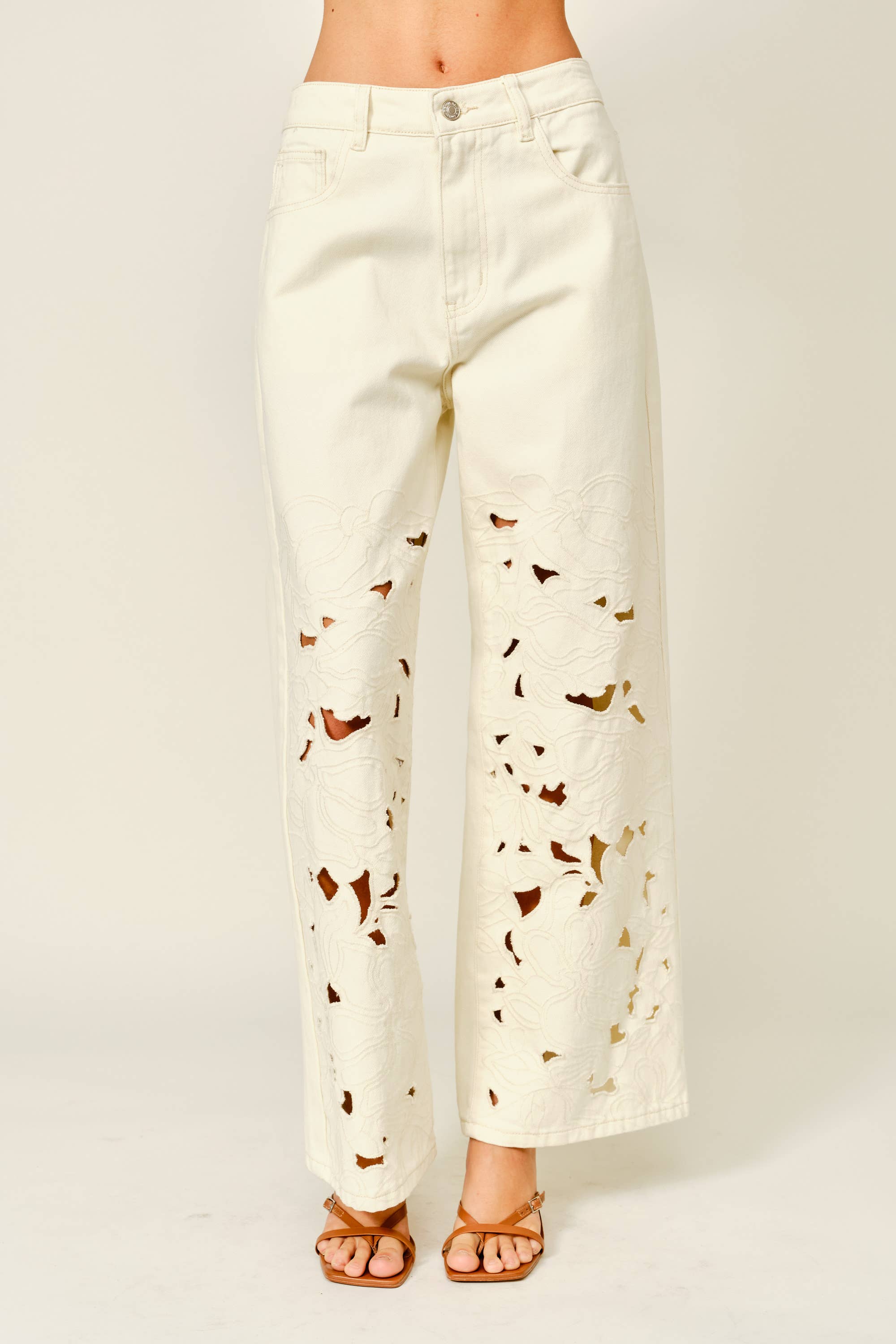 CUT OUT EMBROIDERED STRAIGHT PANTS