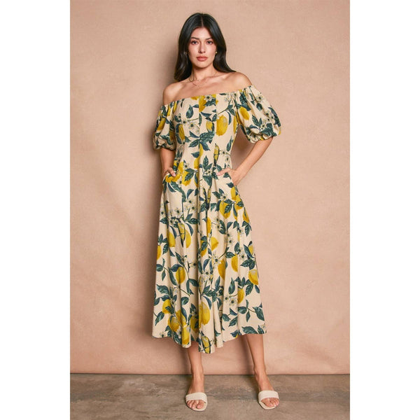 Lemon Print Off-the-Shoulder Puff Sleeve Midi Dress