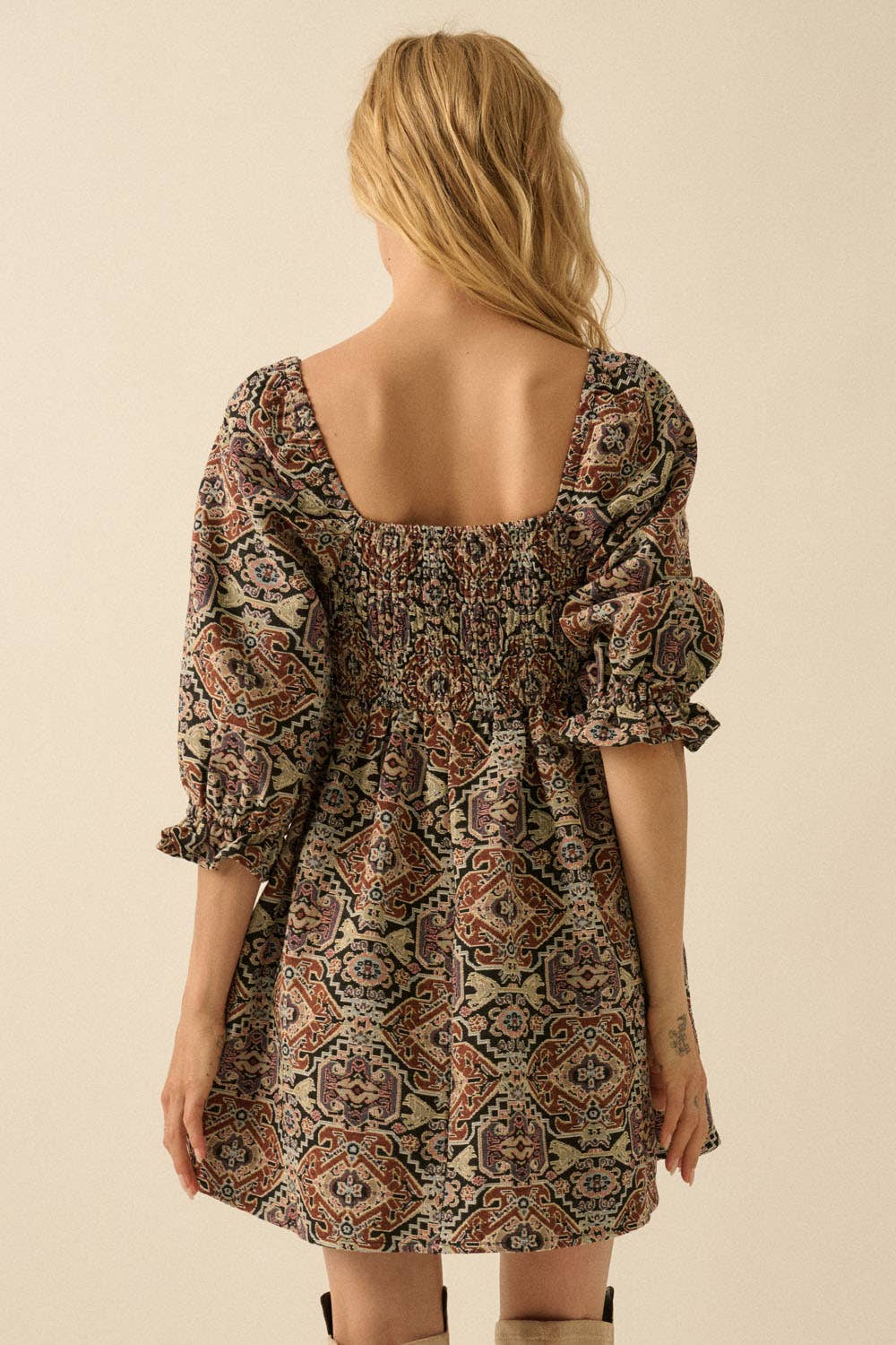 Ornate Jacquard Tapestry Babydoll Mini Dress