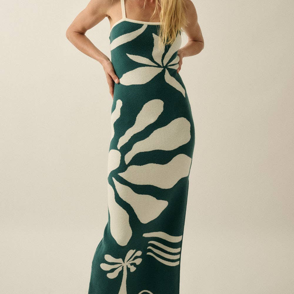 Tropical Floral Jacquard-Knit Maxi Cami Sweater Dress