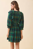 Plaid Deep V Neck Ruffle Trim Detail Wrap Dress