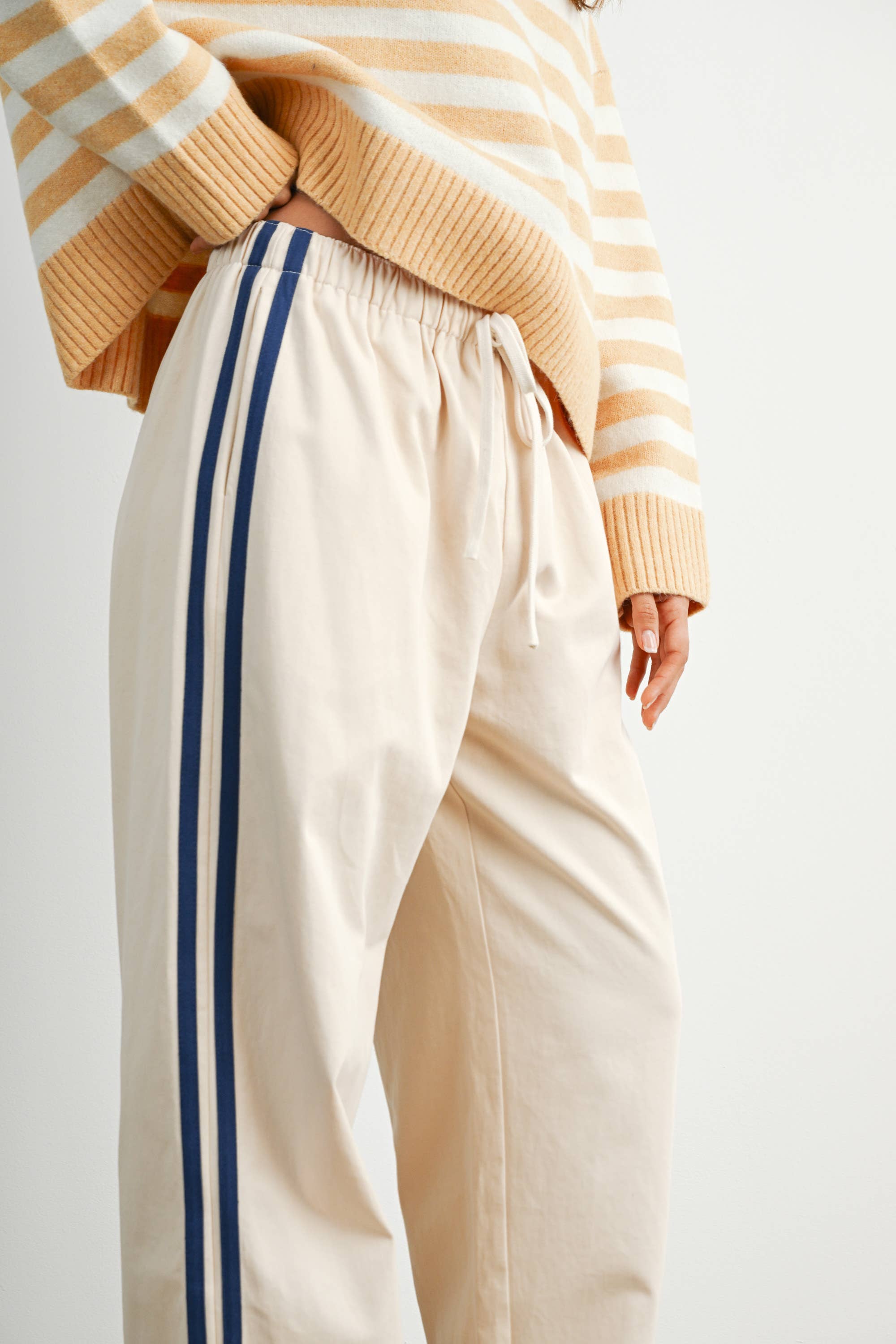 Striped Wide-Leg Drawstring Track Pants
