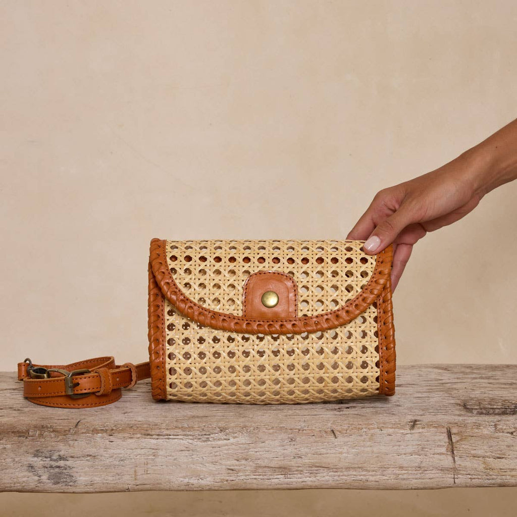 Brown Rattan Clutch with Leather Trim and Crossbody Strap
