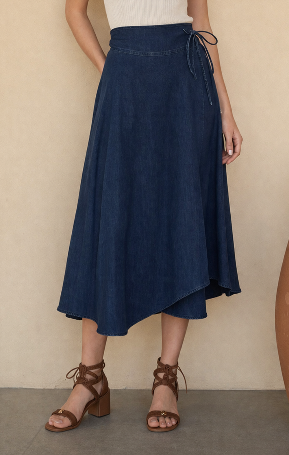 DENIM ASYMMETRIC WRAP MIDI SKIRT