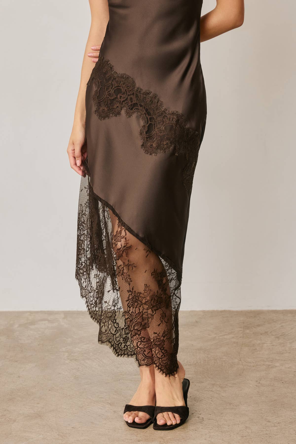 Ethereal Lace Inset Bias Cut Midi Slip Dress