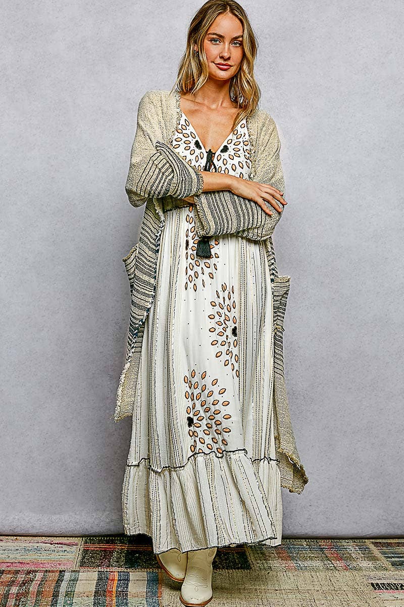 V-Neck Solid Stripe Linen Long Sleeve Cardigan