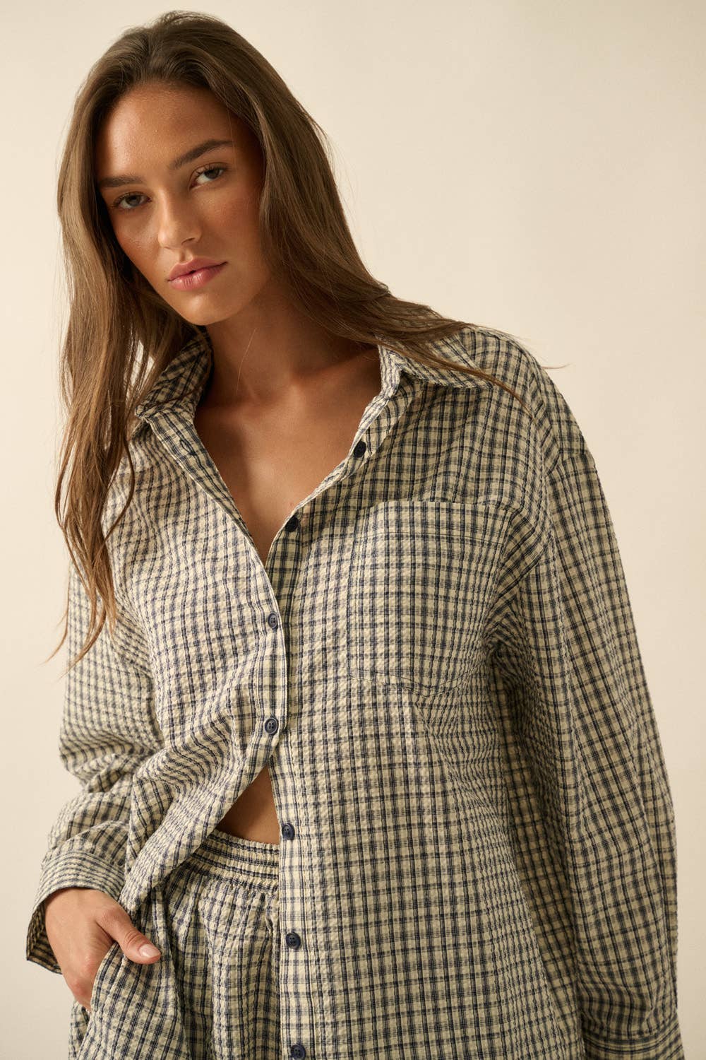 Plaid Textured Seersucker Oversize Button-Up Pocket Shirt