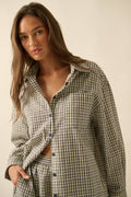 Plaid Textured Seersucker Oversize Button-Up Pocket Shirt