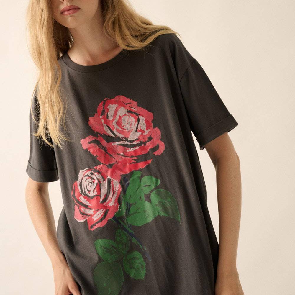 Roses Vintage-Wash Oversize Graphic Tee