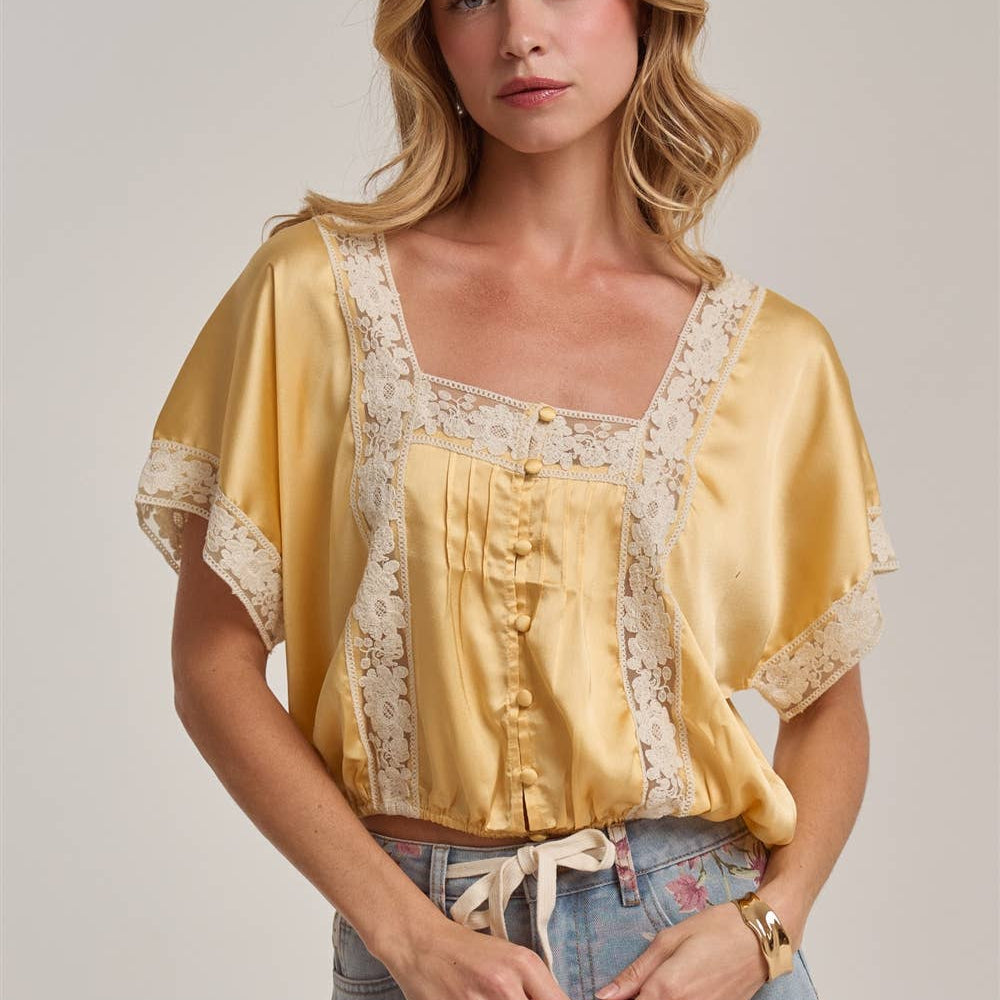 LACE TRIM SQUARE NECK SATIN BLOUSE TOP
