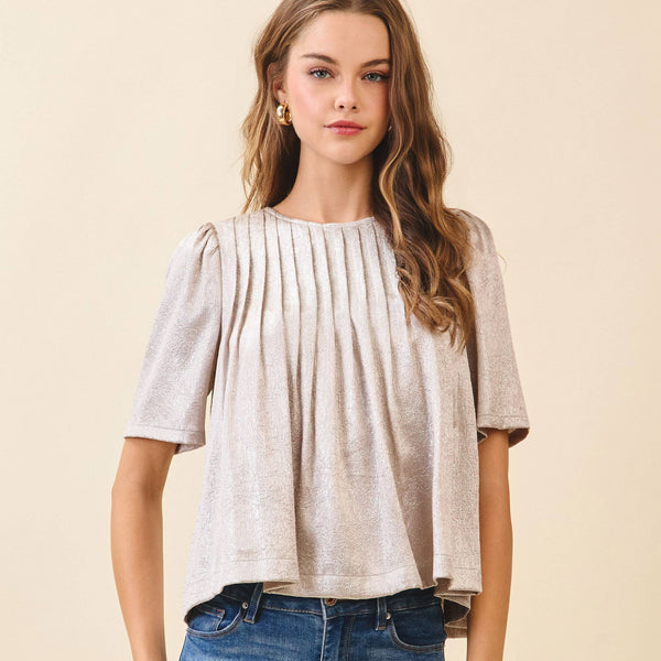 Pleated Detail Round Neck Short Metallic Top
