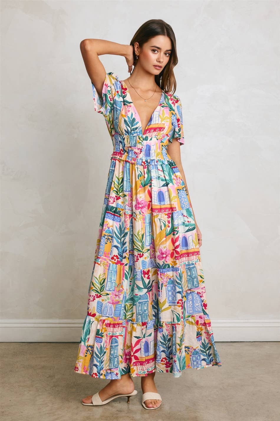 Long Summer Plunging Tiered Maxi Dress