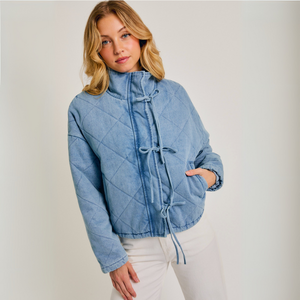 Denim Puffer Jacket with Bows